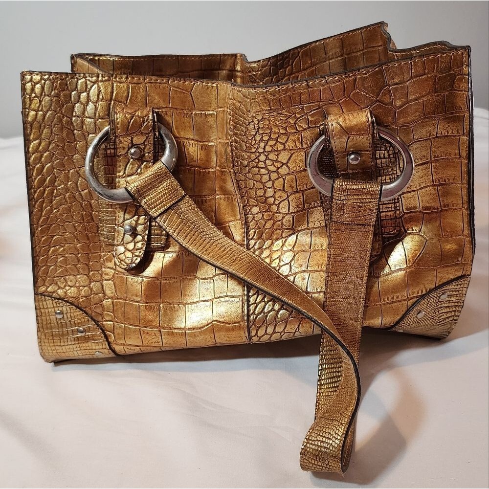 Emilie M Metallic Gold Croc-Embossed Style Shoulder Bag